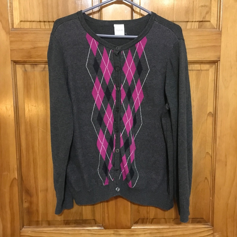 Blair‎ Women's Gray Argyle Button Front Cardigan Sweater Large L Casual